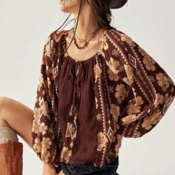 Multicolor Boho Women's Brown Relaxed Fit Pattern Patchwork Shirt - Picture 7 of 7